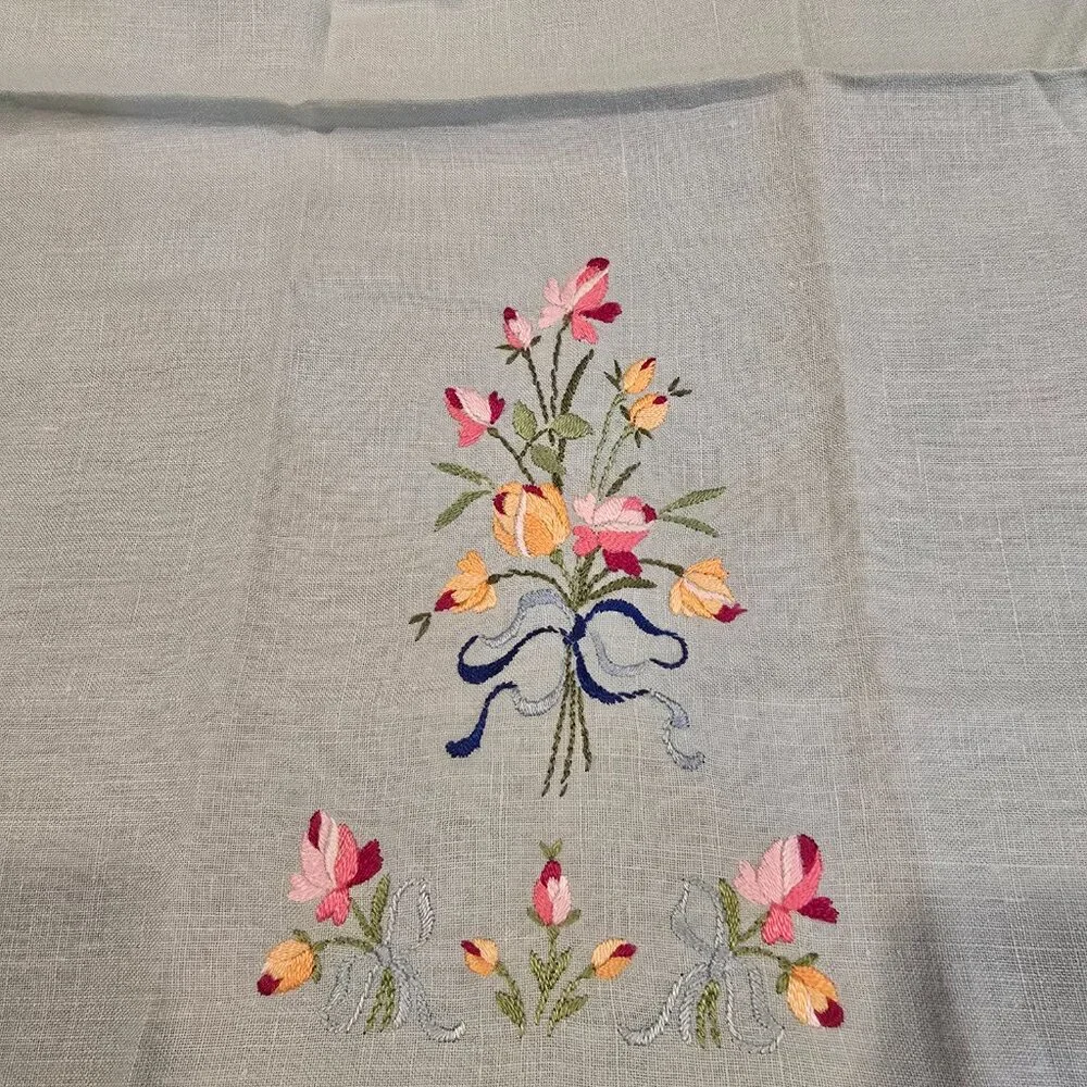 Hand Towel Blue-Green Linen Rose Bouquet Ribbons Embroidery 1950s MCM Vintage